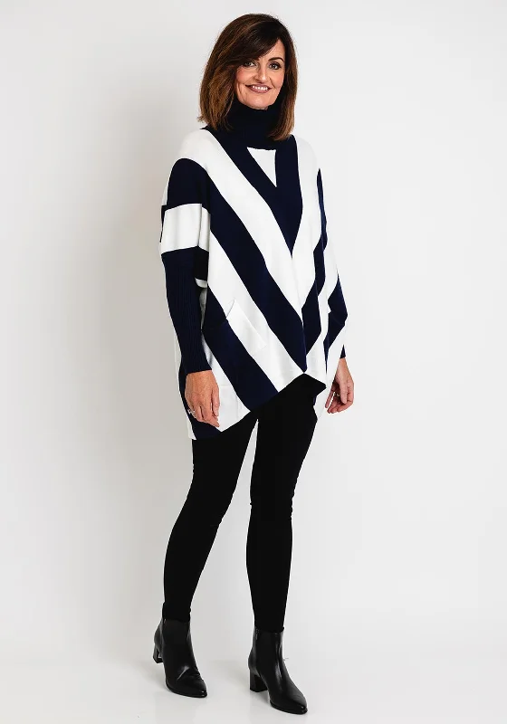 Serafina Collection Zig Zag Print Oversized Jumper, Navy & White Beaded Sweater Sequined Faux Fur