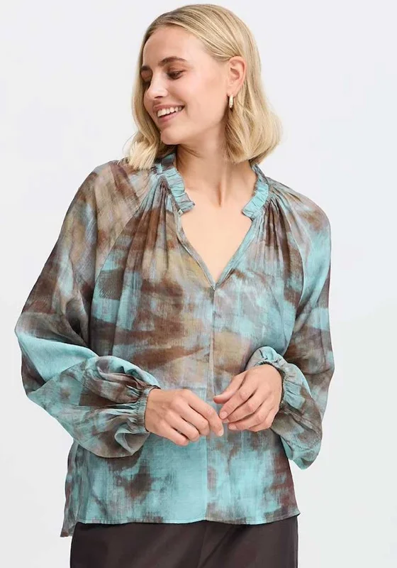 Fransa Illi Tie Dye Sheer Blouse, Blue Airy Cotton Blouse