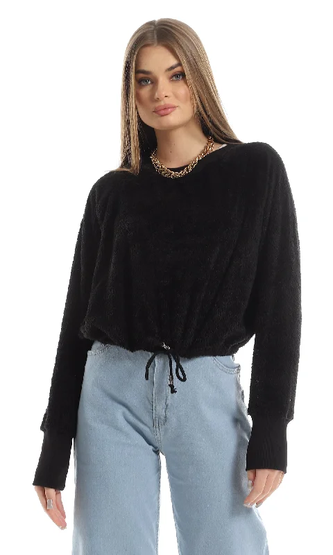 O161260 Fluffy Round Neck Cropped Fur Sweatshirt With Elastic Waist - Black Hoodie with Crew Neck Simple Timeless