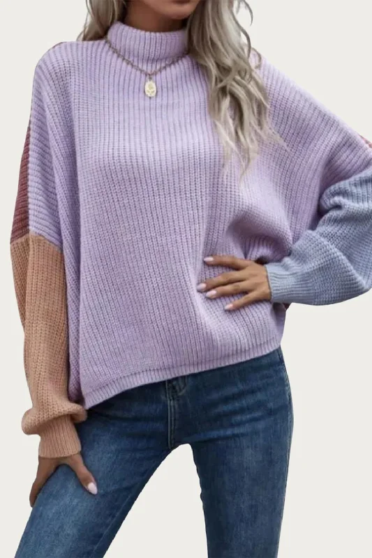 Slouchy Colorblock Ribbed-Knit Sweater In Lavender Cashmere Blend Cotton Blend Poly Blend