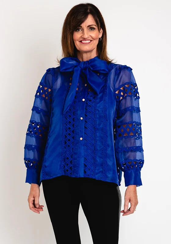 Natalia Collection One Size Broderie Trim Sheer Blouse, Cobalt Blue Office-Ready Blouse