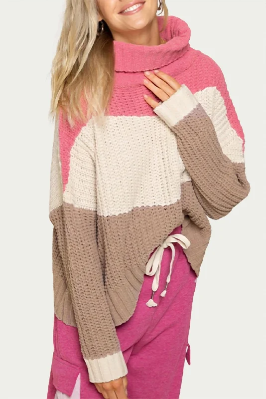 Textured Colorblock Turtleneck Sweater In Bubblegum Pink Multi Handmade Hand-knitted Hand-woven