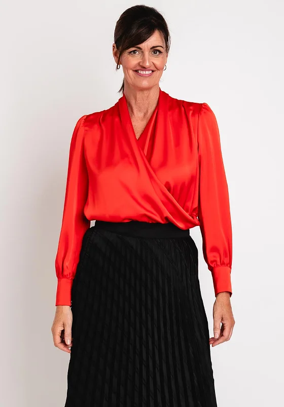 Camelot Draped Satin Wrap Blouse, Red Casual Relaxed Blouse