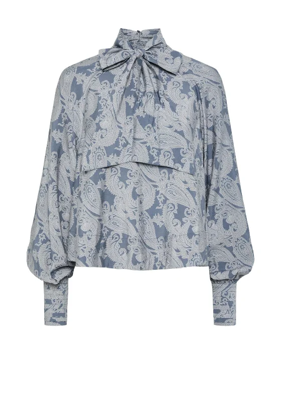 Y.A.S Limos Paisley Print Bow Blouse, Grisaille Pleated Collar Blouse