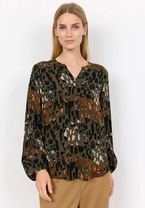 Soyaconcept Ima Leopard Half Button Blouse, Green Feminine Tie Blouse