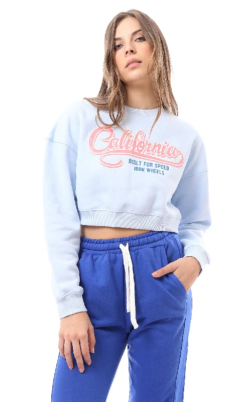 O174476 Light Blue Printed "California" Cropped Sweatshirt Hoodie with Illustration Artistic Creative