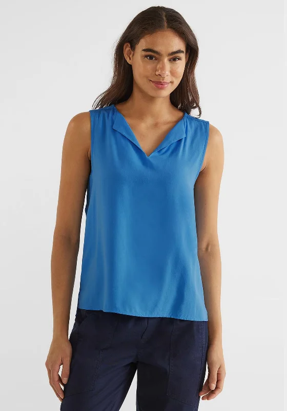 Street One Sleeveless Hinged Collar Blouse, Blue Bay Frilled Cuff Blouse