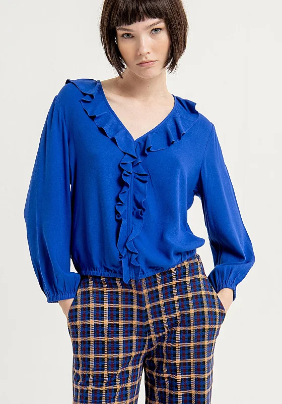 Surkana V-Neckline Ruffled Blouse, Cobalt Blue Embroidered Cotton Blouse