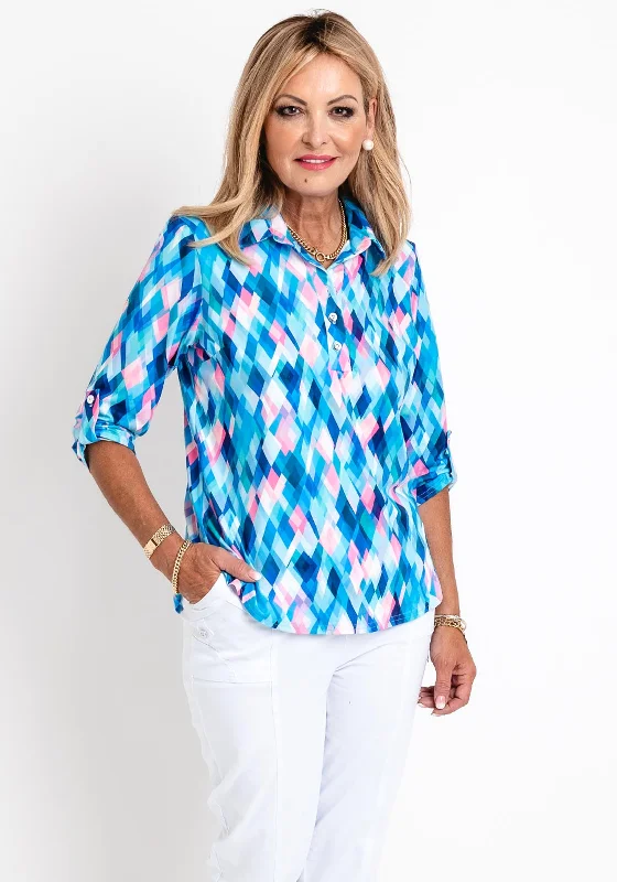 Leon Collection Collared Half Button Blouse, Aqua Multi Cotton Casual Blouse