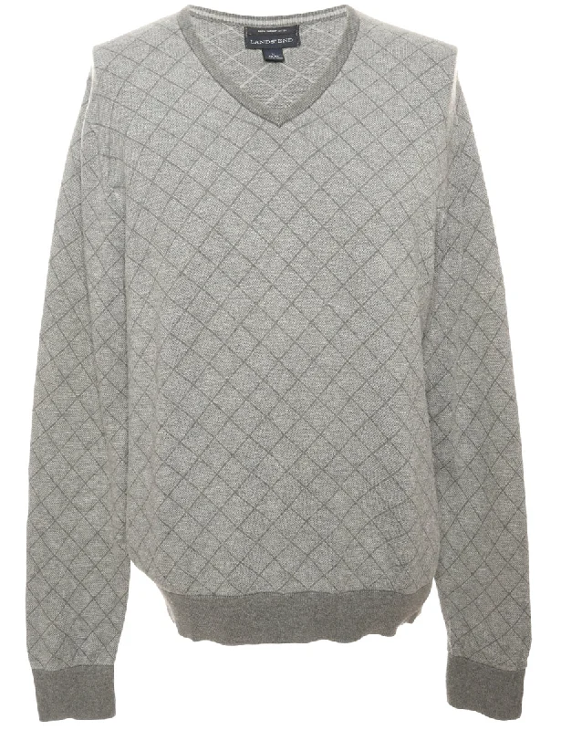 Land's End Patterend Grey Jumper - L Striped Floral Plaid