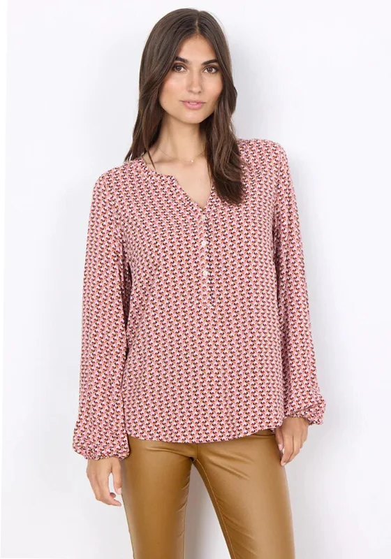 Soyaconcept Talita Split Neck Geo Print Blouse, Rose Pleated Collar Blouse