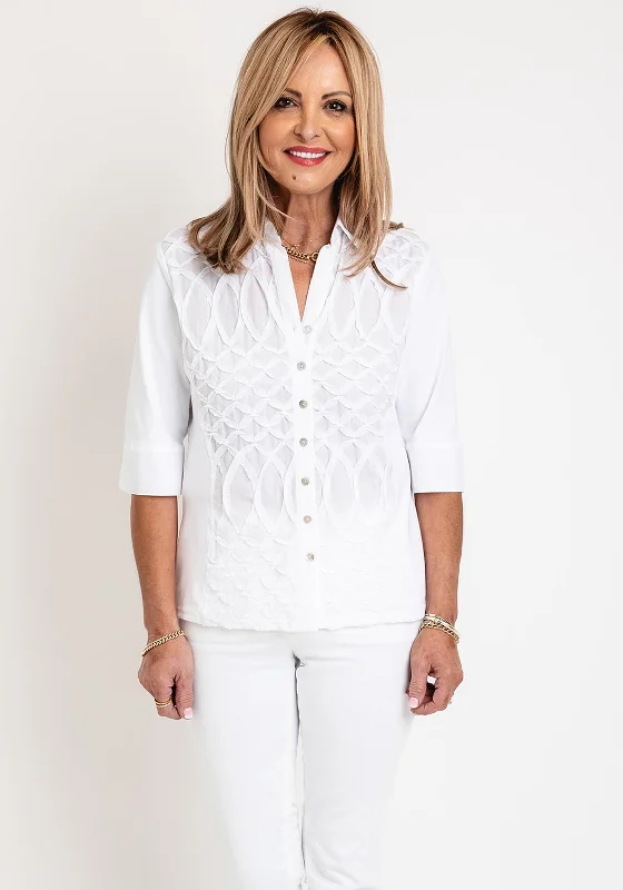 Just White Textured Ruffle Panel Blouse, White Silky Draped Blouse