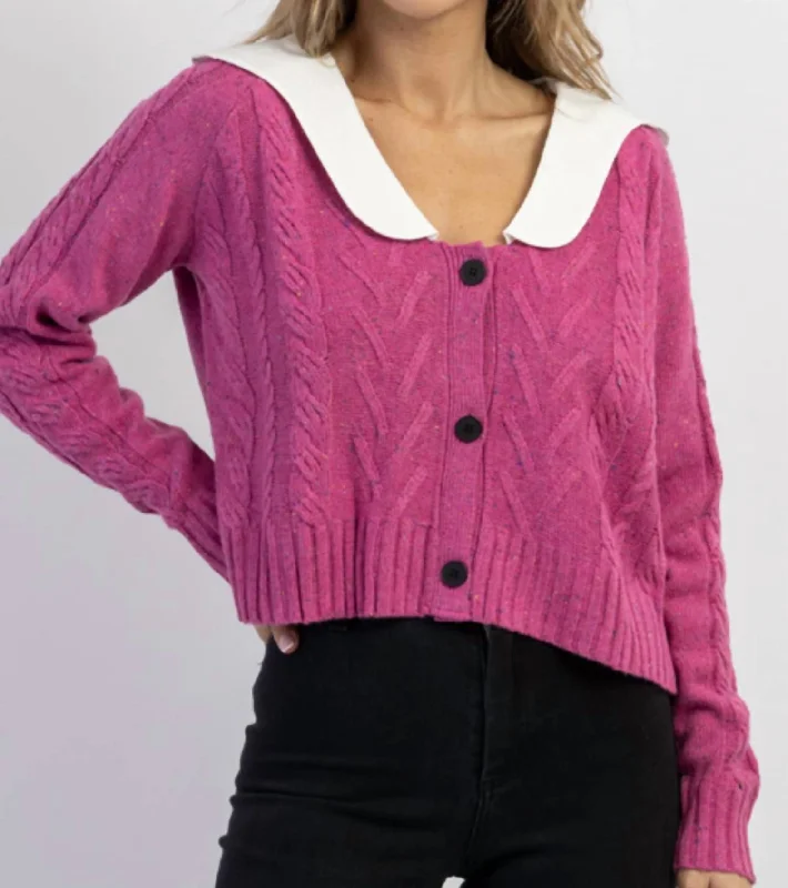 Harper Scalloped Collar Sweater In Pink Denim Fabric Leather Fabric Suede Fabric