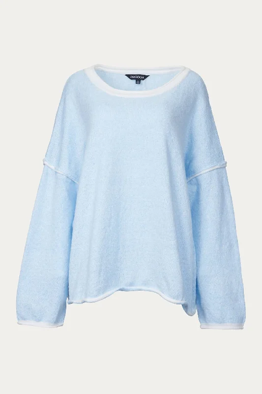 Ribbed-Knit Crewneck Sweater In Light Blue Welt Pockets Slit Pockets Flap Pockets