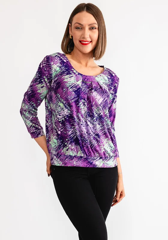 Leon Collection Abstract Print Pleated Blouse, Purple and Green Feminine Satin Blouse