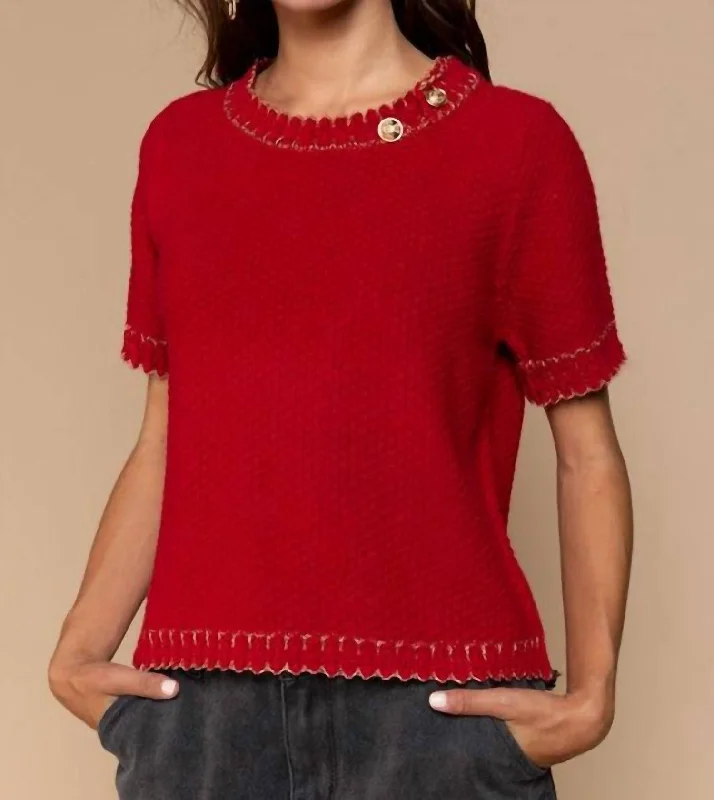 Round Neck With Gold Button Detail Sweater In Ruby Layered Multi-layer Single Layer