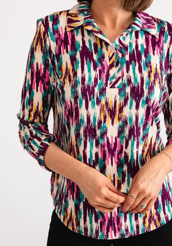 Leon Collection Abstract Print Blouse, Purple Multi Mandarin Collar Blouse