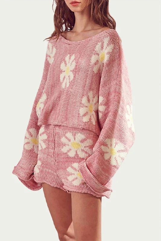 Oversized Retro Cotton-Blend Sweater In Pink Lace Blend Ribbed Blend Corduroy Blend