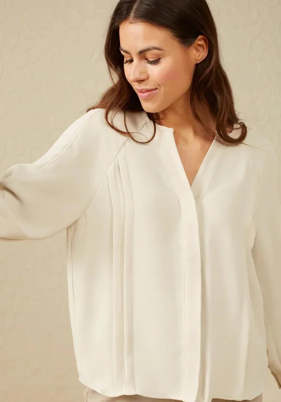 YAYA Pleated Detail Blouse, Silver Birch Sand Satin Bow Blouse