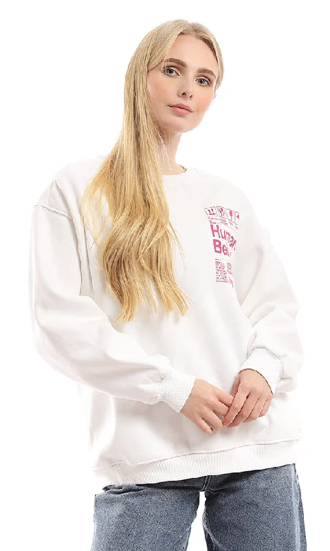 96211 Round Neck Slip On Printed Sweatshirt - Off White Hoodie with Pocket Utility Practical