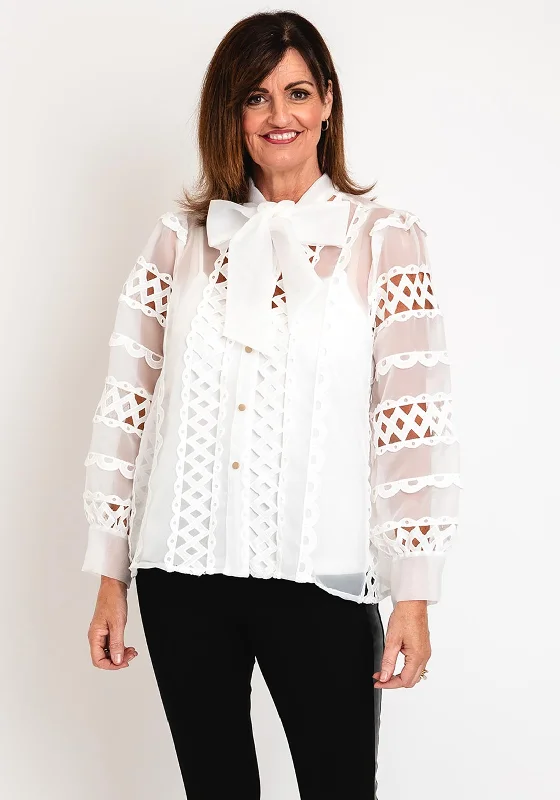 Natalia Collection One Size Broderie Trim Sheer Blouse, White Smart Business Blouse