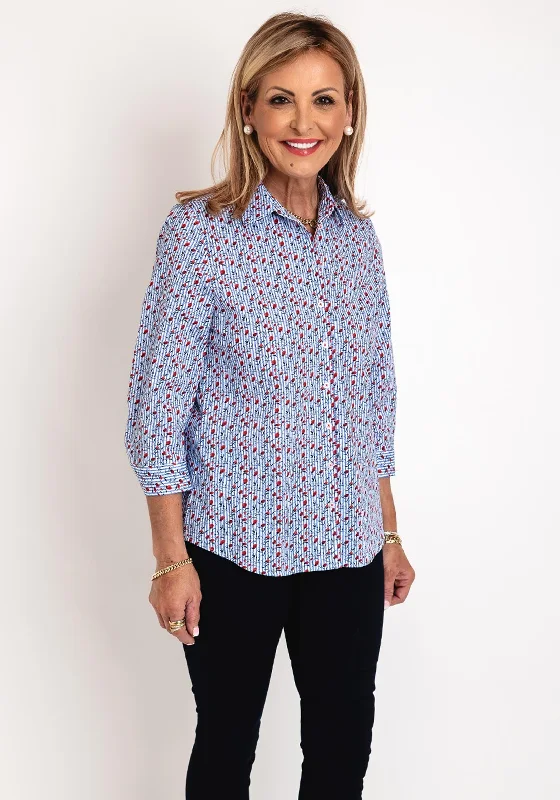 Erfo Floral Striped Cotton Blouse, Blue Chic Off-Shoulder Blouse