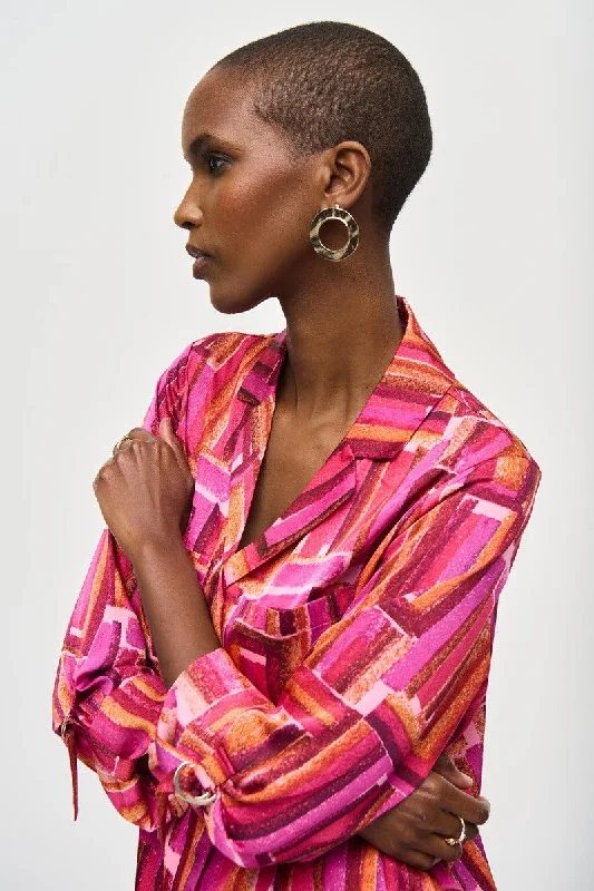 Satin Geometric Print Button-Down Blouse in Pink/Multi 243939 by Joseph Ribkoff Elegant Semi-Sheer Blouse