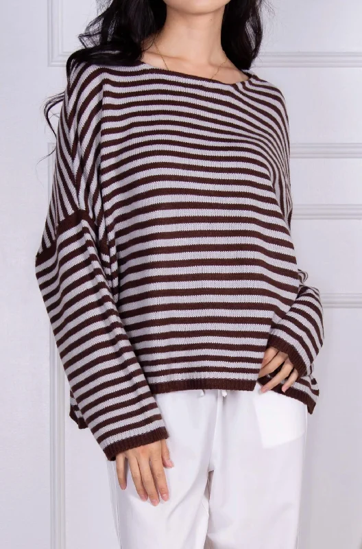 Dropped-Shoulder Striped Knit Sweater In Powder Blue/brown Casual Formal Business