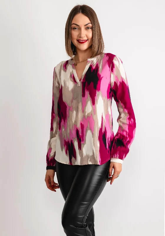 Kaffe Beathe Abstract Print V Neck Blouse, Pink Multi Elegant Embroidery Blouse