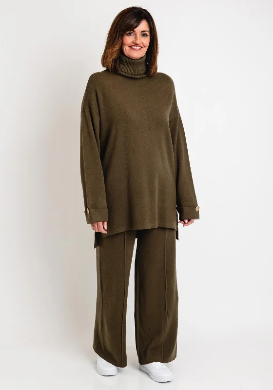 Serafina Collection Knit Sweater & Wide Leg Trouser Set, Green Houndstooth Herringbone Solid