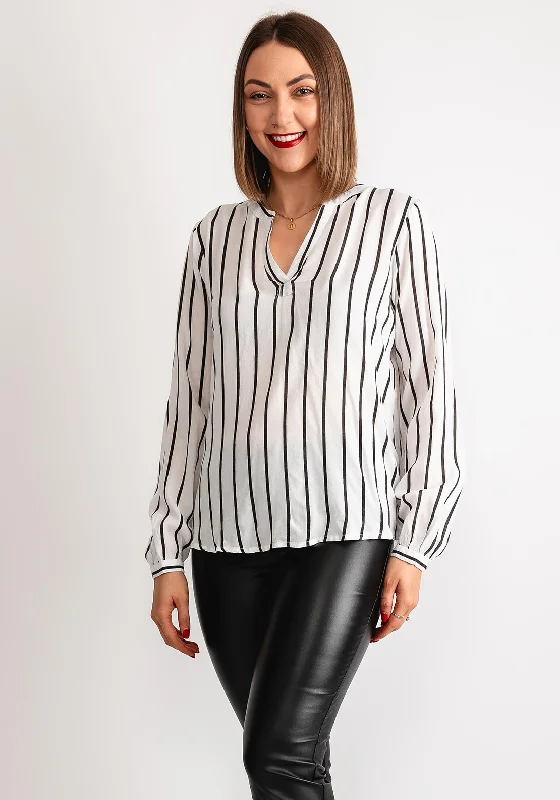 Kaffe Beathe Striped Print V Neck Blouse, White Floral Chiffon Blouse