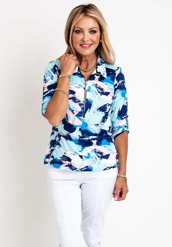 Leon Collection Print Half Zip Blouse, Blue Multi Sheer Mesh Blouse