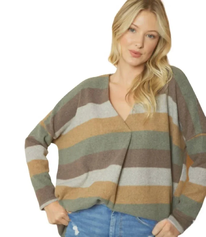 Vneck Front Placket Striped Sweater In Multi Soft Cozy Warm