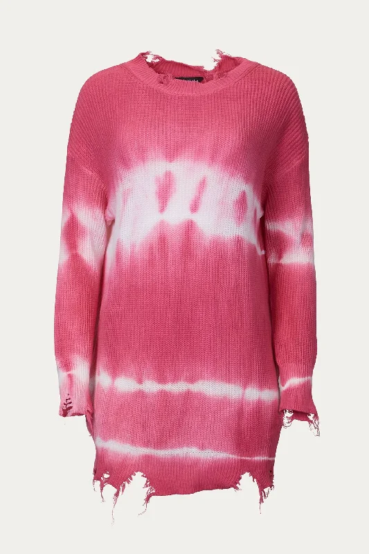 Distressed Tie-Dye Cotton Sweater In Hot Pink Solid Print Embellished