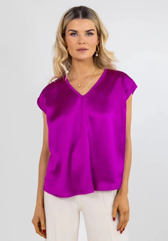 Kate & Pippa Alexa V- Neck Satin Feel Blouse, Magenta Feminine Ruffle Blouse