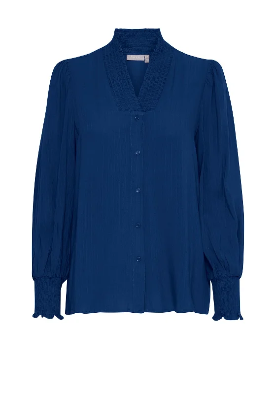 Fransa Pin Stripe Textured Blouse, Bellwether Blue Ruched Sleeve Blouse