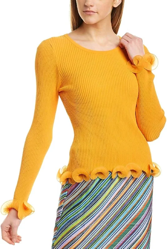 Wired Edge Ribbed Knit Pullover Sweater In Tangerine Front Pockets Side Pockets Patch Pockets