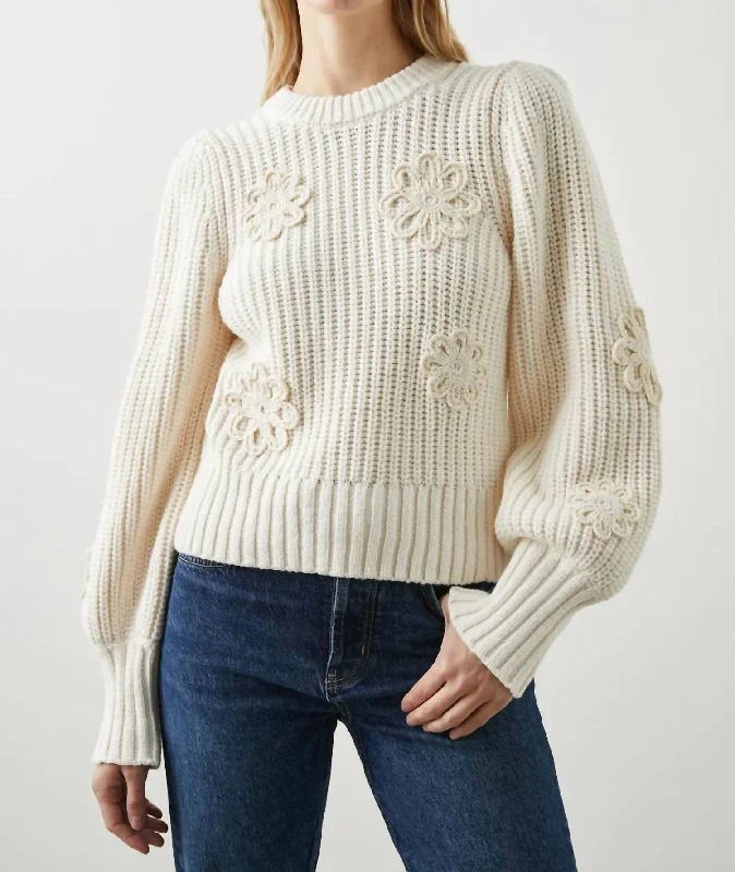 Romy Sweater - Crochet Daisies In Ivory Front Pockets Side Pockets Patch Pockets