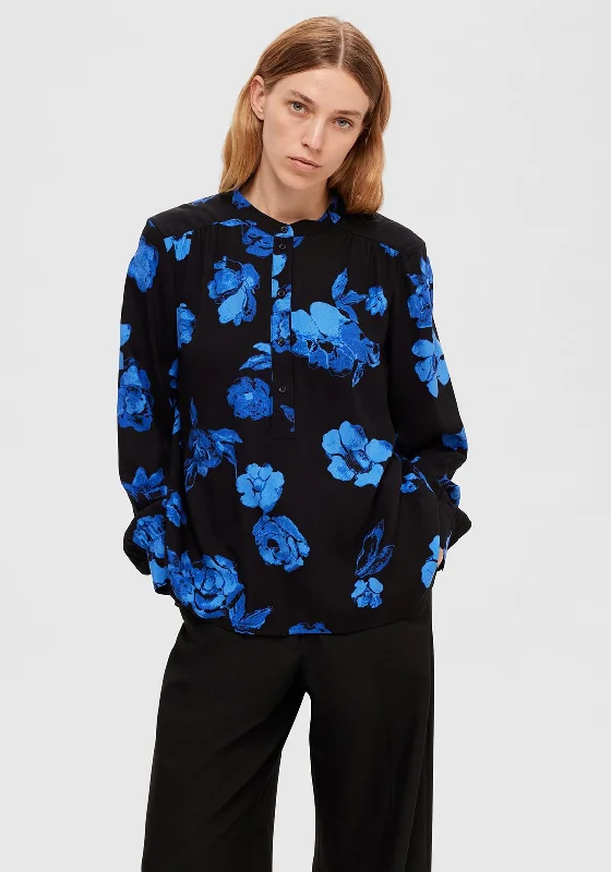 Selected Femme Katrina Floral Print Blouse, Blue & Black Delicate Bow Blouse