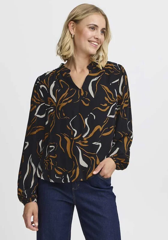 Fransa Oline Printed V Neck Blouse, Black Sheer Mesh Blouse