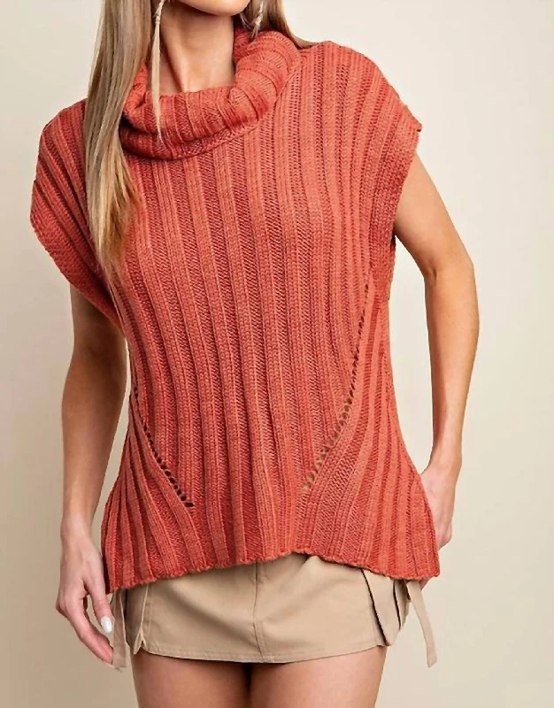 Turtle Neck Sweater Vest In Rust Fitted Slim Tailored