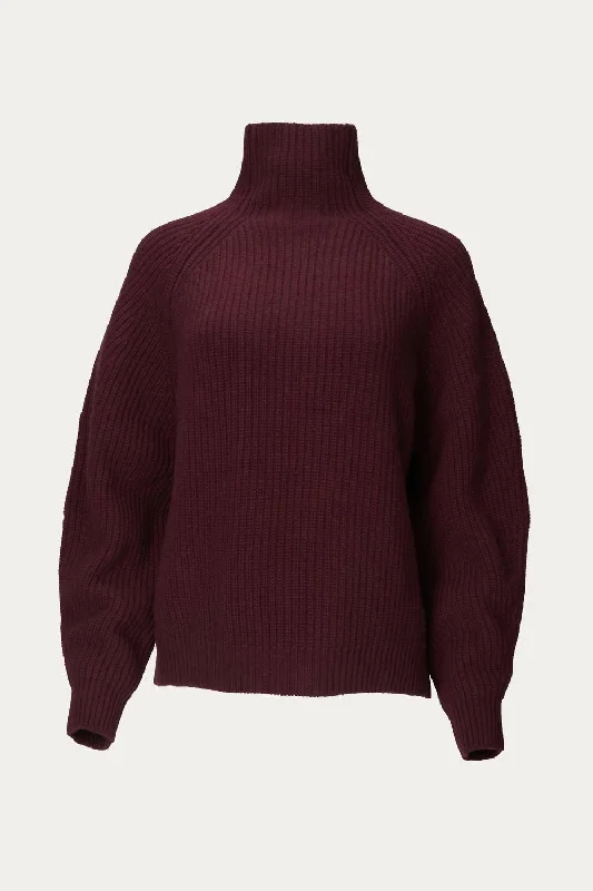 Fiona Sweater In Burgundy Turtle Neck Boat Neck Asymmetrical Neck