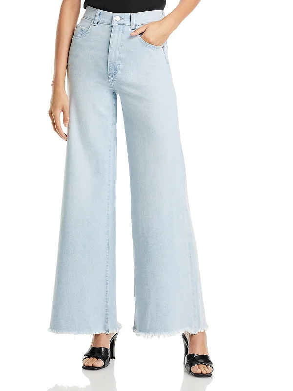 Womens High Rise Frayed Hem Wide Leg Jeans Stylish Paperbag Waist Denim