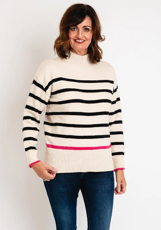 D.e.c.k by Decollage One Size High Neck Striped Sweater, Cream Terry Blend Velvet Blend Canvas Blend