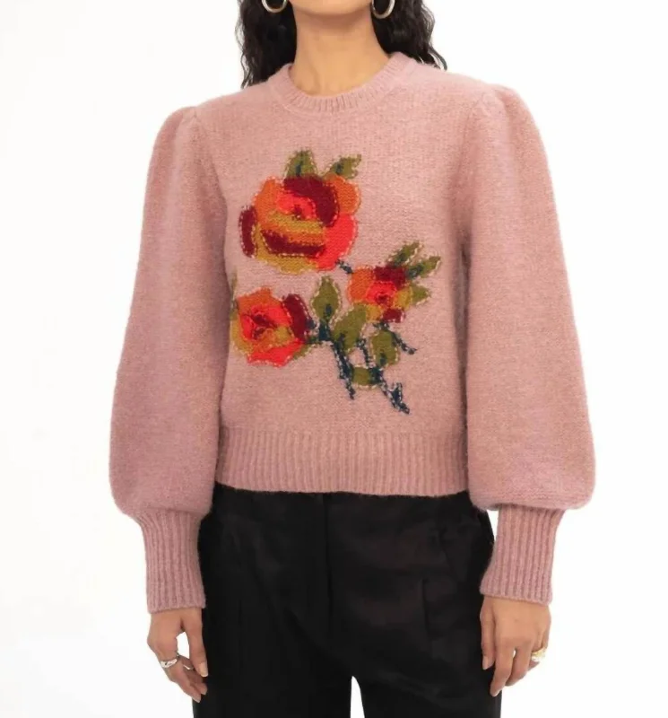 Rosie Handknit Crew Sweater In Petal Sequined Glittery Shiny