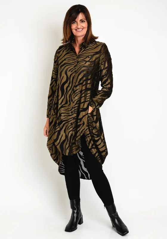 Elsewhere Cambe Zebra Print Long Blouse, Gold Mustard Silky Tunic Blouse