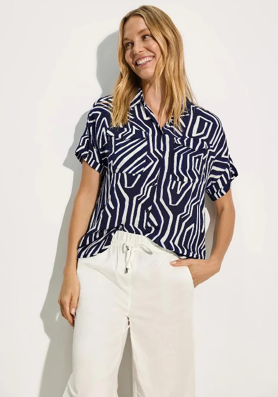 Cecil Printed Short Sleeve Blouse, Navy Multi Stylish Wrap Blouse