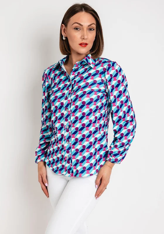 Leon Collection Geometric Print Blouse, Teal & Pink Oversized Silk Blouse