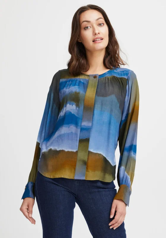 Fransa Ombre Print Blouse, Blue Multi Satin Bow Blouse