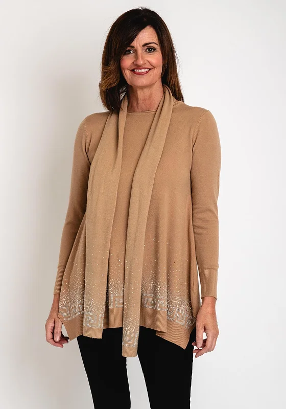 Serafina Collection Embellished Knit Sweater & Scarf Set, Camel Lace Blend Ribbed Blend Corduroy Blend